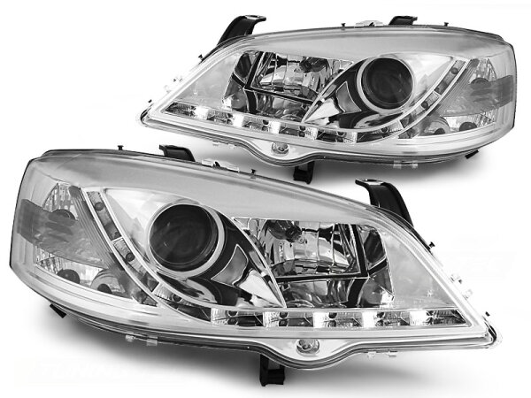 Scheinwerfer Set mit Tagfahrlicht Optik Opel Astra G BJ 09/97-02/04 Klar Chrom