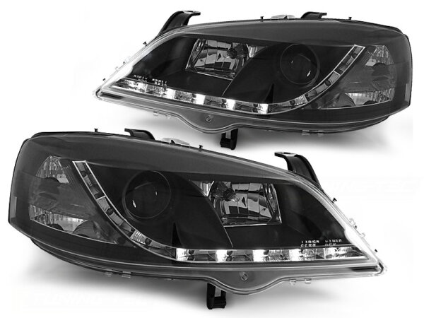 Scheinwerfer Set mit Tagfahrlicht Optik Opel Astra G BJ 09/97-02/04 Klar Schwarz