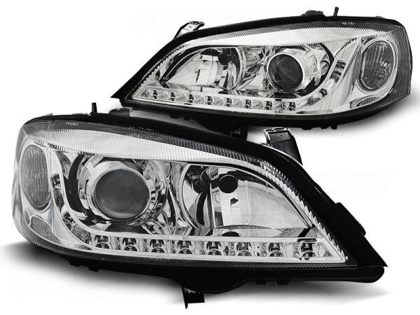Scheinwerfer Set H7/H7 mit TFL Optik Opel Astra G BJ 09/97-02/04 Klar Chrom