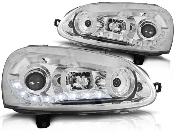 Scheinwerfer Set mit Tagfahrlicht Optik VW Golf V BJ 03-08 Klar Chrom