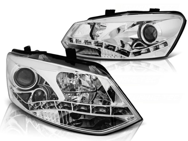 Scheinwerfer Set mit echtem Tagfahrlicht VW Polo 6R BJ 09-03/14 Klar Chrom
