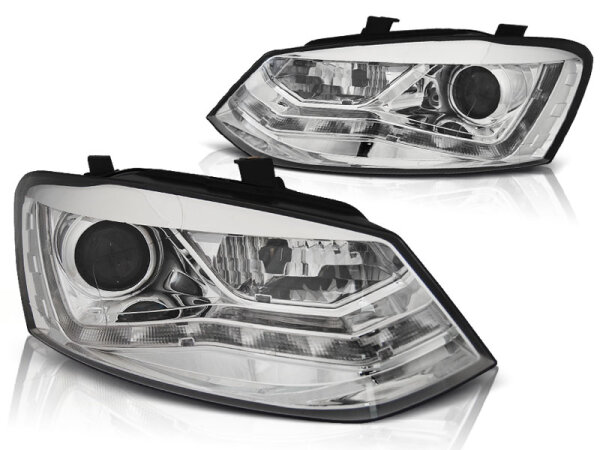 Scheinwerfer Set mit Tagfahrlicht Optik VW Polo 6R BJ 09-03/14 Klar Chrom